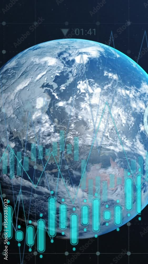 Poster animation of financial data processing over globe