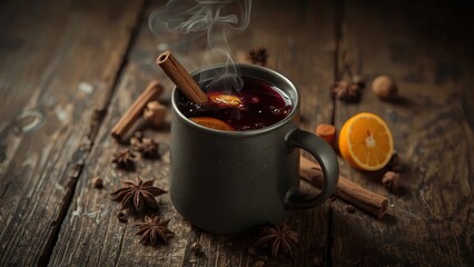 A cozy scene with hot mulled wine served on a rustic wooden background, surrounded by fragrant fir branches, warm cinnamon sticks, and fresh orange slices, evoking festive warmth and relaxation