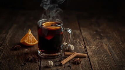 A cozy scene with hot mulled wine served on a rustic wooden background, surrounded by fragrant fir branches, warm cinnamon sticks, and fresh orange slices, evoking festive warmth and relaxation