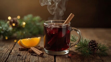 A cozy scene with hot mulled wine served on a rustic wooden background, surrounded by fragrant fir branches, warm cinnamon sticks, and fresh orange slices, evoking festive warmth and relaxation
