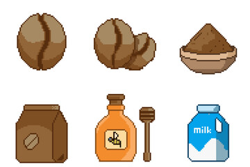 Coffee ingredients pixel art icon set, coffee beans, coffee bag, ground coffee beans, syrup and milk items for video game, app, social media and more, vector illustration