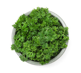 Fresh parsley in bowl isolated on white, top view