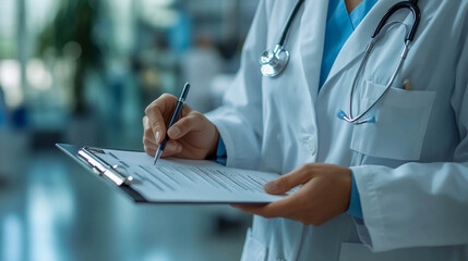 A nurse or doctor in a medical uniform who is writing information in a notebook. She is holding a pen and is filling out documentation or a medical record.