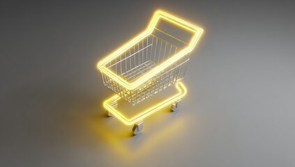 3d rendering of a shopping cart. a shopping cart with a glowing yellow light. a lamp that is on top of a table