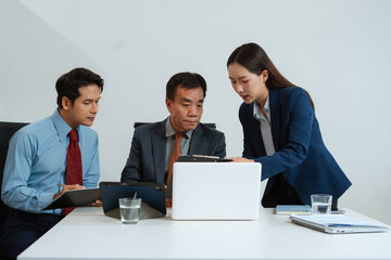 Professional business team meeting with consultant and project planning charts.