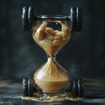 Melting hourglass with sand forming muscular arms, depicting time's paradoxical strength.