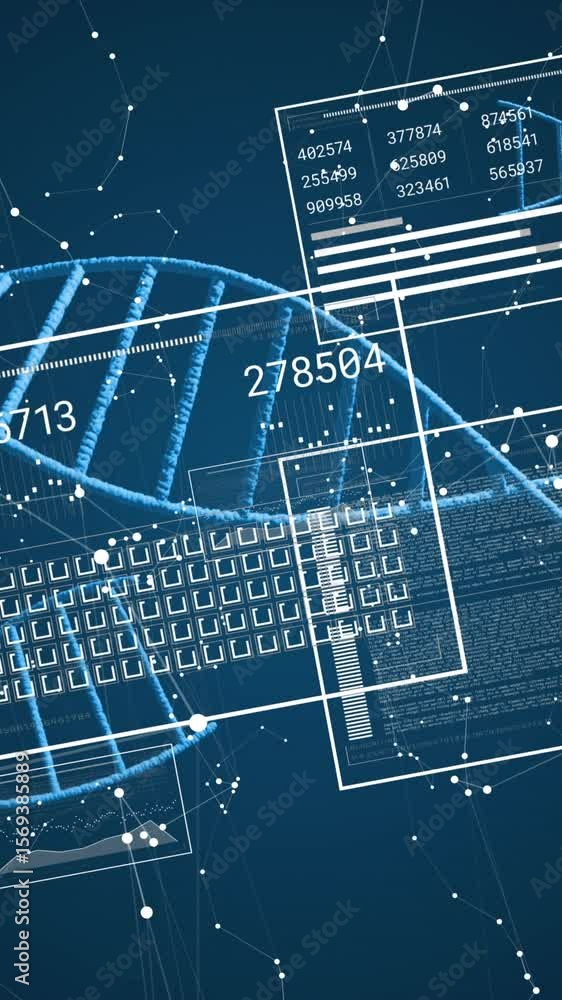 Poster animation of dna strands, screens with data processing