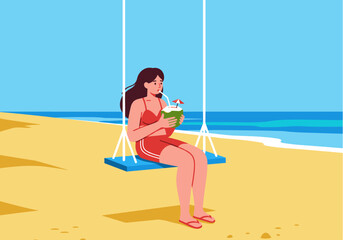 A young woman enjoys a refreshing drink from a coconut while relaxing on a beach swing under a clear blue sky, illustrating a perfect tropical vacation.