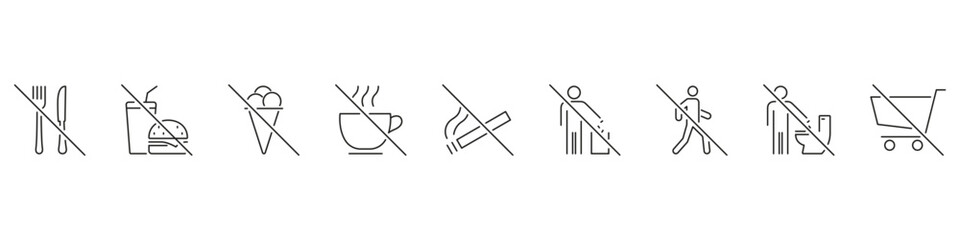 Prohibited Activities Line Icon Set. No Eating, Drinking, Smoking, Littering, Toilet Use and Shopping Outline Symbol Collection. Regulation Signs. Editable Stroke. Isolated Vector Illustration