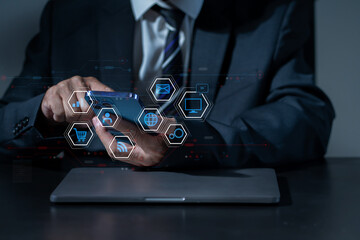 Digital marketing media in virtual icon globe shape business open his hand, working touch screen...