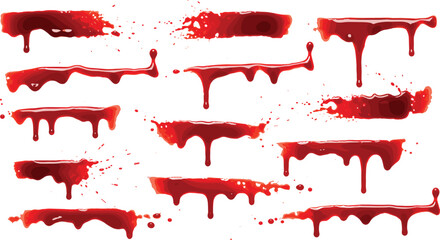 Blood splatter vector set, red liquid drips, horror stains, realistic blood drops, isolated gore effect, dripping shapes, Halloween design elements