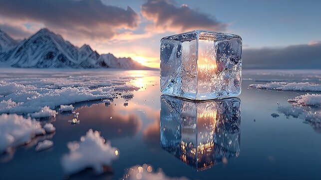 Floating Blue Glass Cube on Ice: Snow-Capped Mountain Reflections with Cinematic Lighting, High-Resolution Detail and Underlight Effect