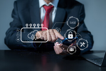 Hand touching secure access service edge icon on smartphone virtual screen background, password,...