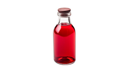 Small glass bottle showcases a vibrant red liquid isolated on transparent background