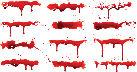 Blood splatter vector set, red liquid drips, horror stains, realistic blood drops, isolated gore effect, dripping shapes, Halloween design elements
