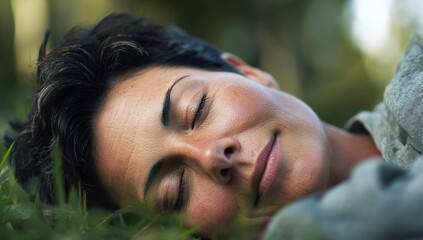 woman sleeping in the grass. a woman laying in the grass with her eyes closed. a woman is laying in the grass with her eyes closed