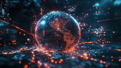The planet, surrounded by streams of data and digital structures, glows in neon shades - Powered by Adobe