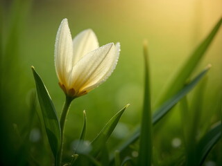 Delicate White Flower with Dewdrops in Morning Sunlight