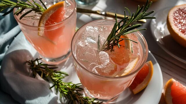 Refreshing Citrus Delight: A vibrant tableau of two exquisitely crafted citrus cocktails, each glass elegantly adorned with fresh rosemary sprigs and citrus slices.