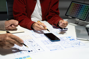 Creative digital development agency. developer team brainstorming on their project with laptop, smartphone and digital tablet.