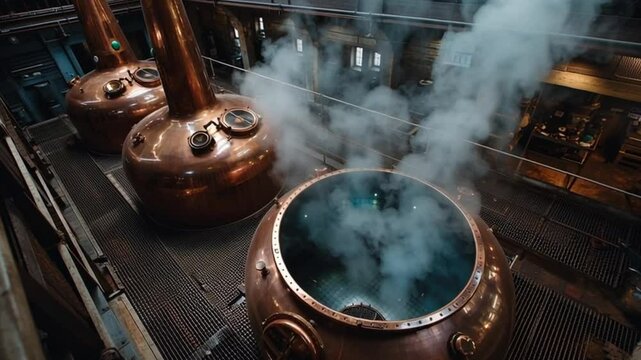 Craft Distillery: An up-close view of gleaming copper stills at work in a bustling distillery, with steam rising from the open vats, creating a visually rich image