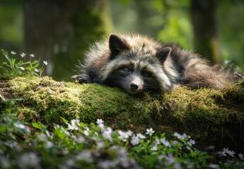 raccoon art photo, lying on a mossy log in the forest, springtime, moss and wild flowers
