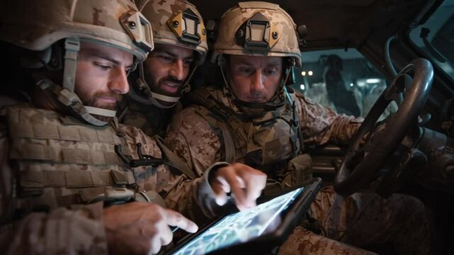 Focused Mission: An elite team of soldiers huddles together inside a vehicle, intently studying a digital map on a tablet, their faces etched with concentration as they navigate a complex mission.