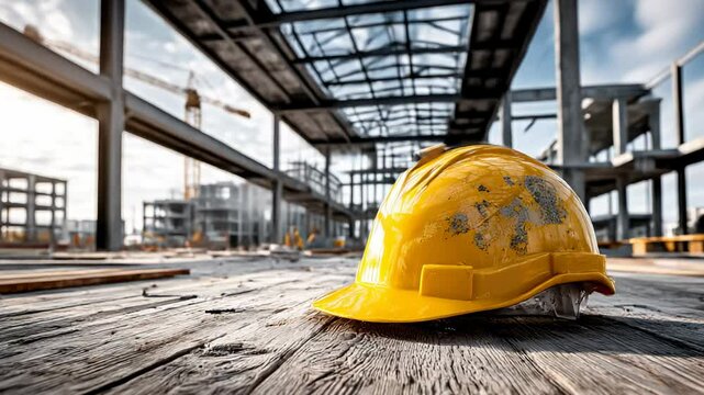 Construction site with yellow hard hat