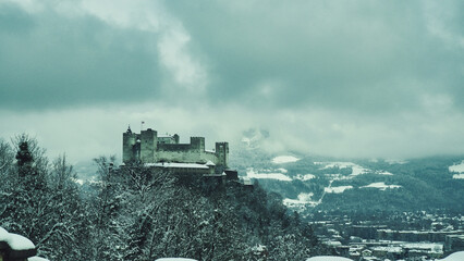 Panorama of Salzburg in winter: Snowy historical center, sunshine