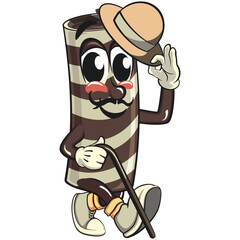 cute chocolate wafer roll mascot cartoon vector illustration carrying a stick and saluting with raised hat, funny dessert character in striped snack design and food packaging, work of hand drawn