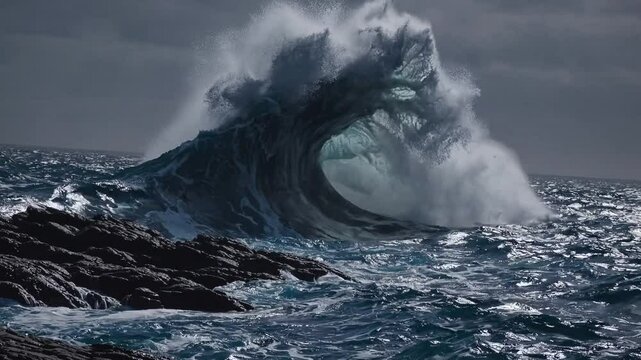 Majestic ocean waves crash against rocky shoreline during stormy weather