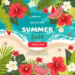 Bright summer sale banner with tropical leaves, hibiscus flowers, watermelon, beach, sea waves, and beach balls. Colorful summer background for advertising and promotions