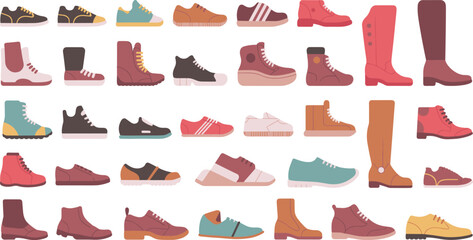 Flat minimalist illustration of various shoes, modern footwear styles for men and women, sneakers, boots, casual, formal, colorful icons