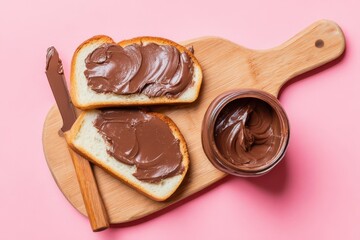 Sliced bread with chocolate spread on a wooden board, along with a knife and a jar of chocolate cream
