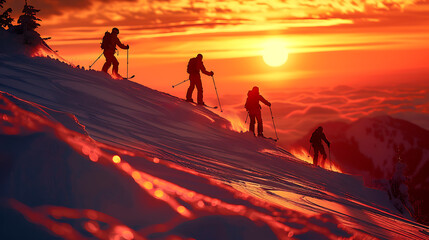 Group of skiers skiing downhill on snowy slope at sunset