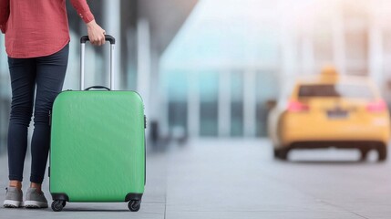 Travel Luggage Transition Concept, Traveler Standing with Luggage at Taxi Stand in Modern Urban Environment Ready for Departure