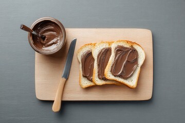 Sliced bread with chocolate spread on a wooden board, along with a knife and a jar of chocolate cream