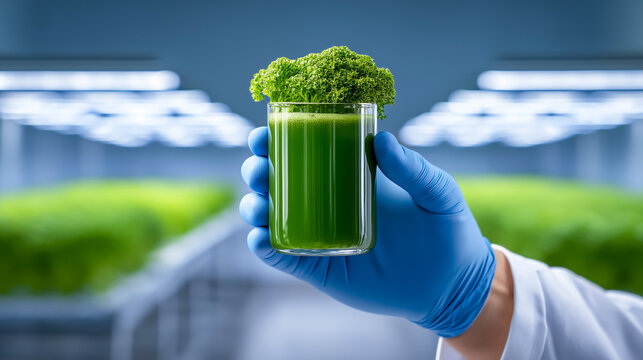 Hand of researcher in blue gloves presenting glass filled with vibrant kale smoothie. Clean lab environment with other greens visible in background. Concept of health, nutrition, food technology - Powered by Adobe