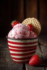 Strawberry ice cream in a striped cup with wafers on a dark wooden background
