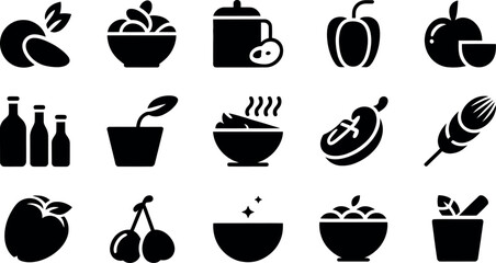 Vector food icons:  minimalist black glyph style, healthy eating mood.