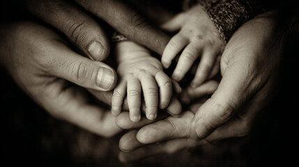 A symbolic image of family unity, showing hands of parents and children embracing a newborn&acirc;&euro;&trade;s arm
