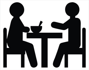 Two silhouetted people sit at a table eating a meal together, representing dining or a restaurant. Ideal for use in hospitality branding, restaurant signage, dining reservation apps, food delivery 