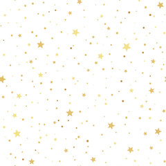 Seamless festive pattern with gold stars dots on white background. Elegant vector design, flat style. Perfect for holiday wrapping paper, luxury branding, Christmas card, fabric print, party design
