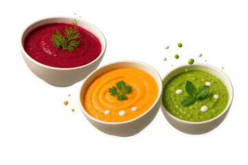 Three colorful vibrant vegetable cream soups isolated on transparent background