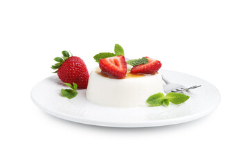 Tasty panna cotta with caramel, strawberries and mint isolated on white