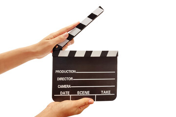 Hands holding a movie clapper board on white background