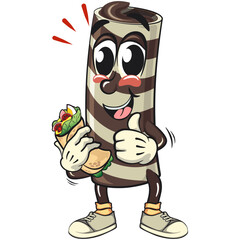 cute chocolate wafer roll mascot cartoon vector illustration have a burritos while giving thumbs up, funny dessert character in striped snack design for kids and food packaging, work of hand drawn