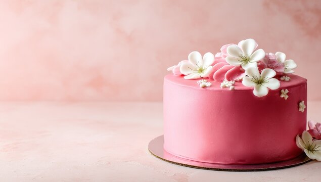 this jpeg image - pink birthday cake, is available for free download. a pink cake with white flowers on top. a pink flower in a pink vase on a table