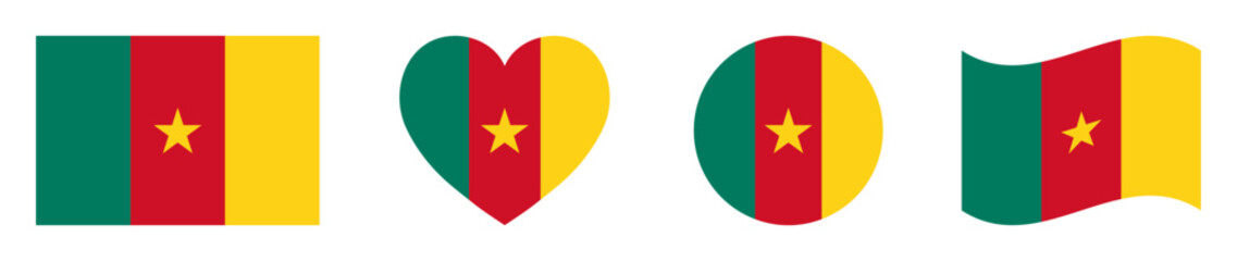 Cameroon flags set in square, heart, circle and waving formats designs element. Cameroon flags collection. Set of Cameroon flags icons isolated on white background. Vector illustration.