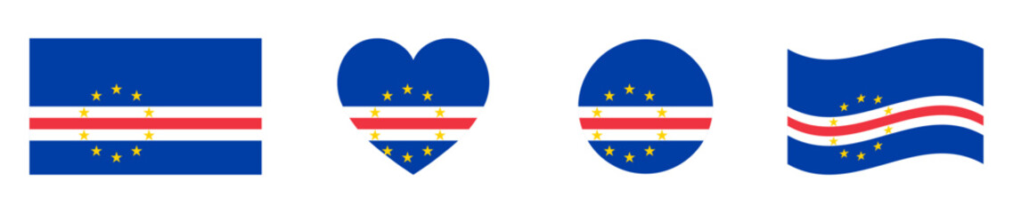 Cape Verde flags set in square, heart, circle and waving formats designs element. Cape Verde flags collection. Set of Cape Verde flags icons isolated on white background. Vector illustration.